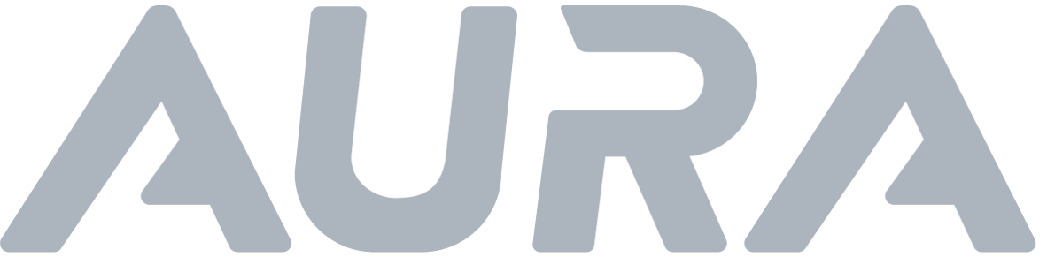 AURA Figure Skate's logo. AURA is written in a modern, sporty font in a cool light grey colour. Underneath and to the right is 'By TRUE' written in the classic AURA blue